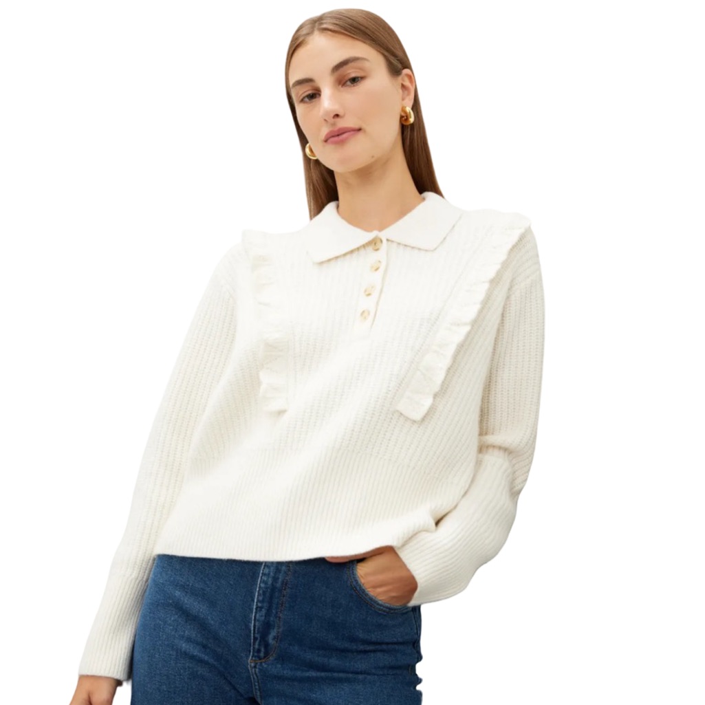 Derek Lam 10 Crosby Ivory Noelia Collared Ruffle Sweater Wool Blend Cottage Core